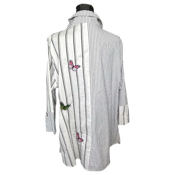 CALEOOA Whimsical Top Button Up Striped Tunic Embroidered Butterflies - Picture 7 of 11